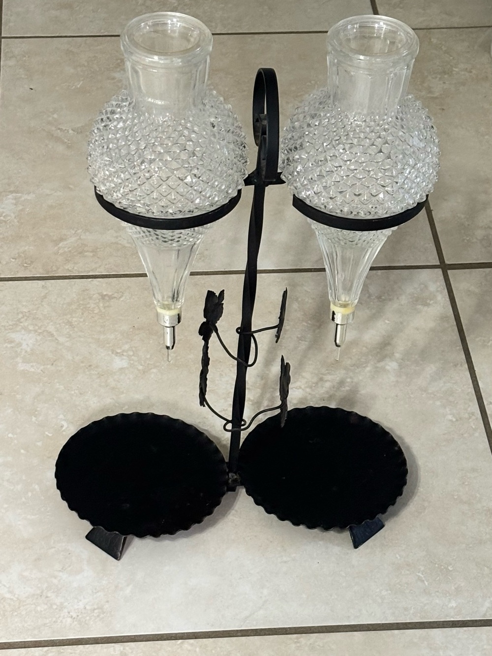 Vintage Double wine fountain glass beverage dispenser/black metal stand